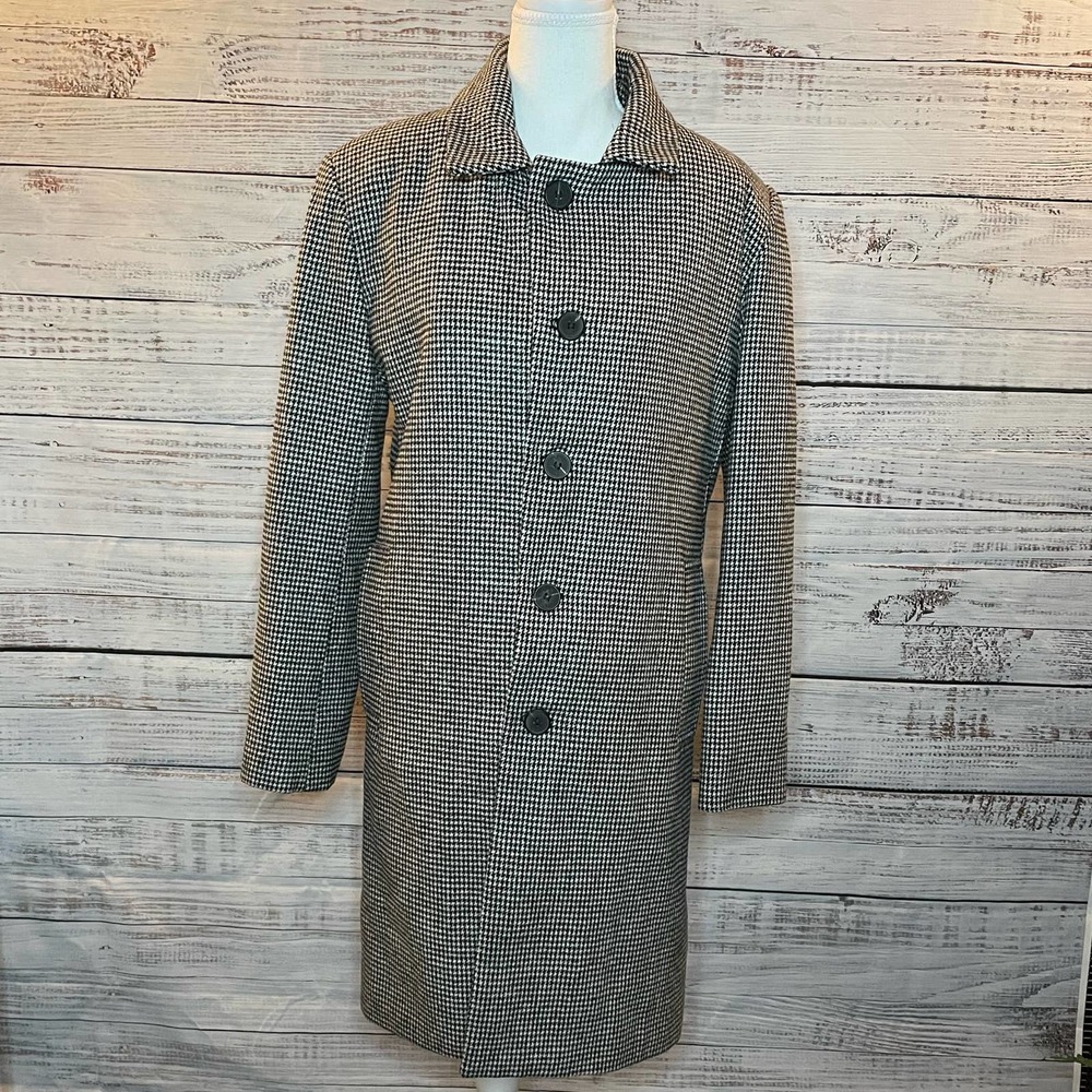 NEARKIN Women's Houndstooth Button up Jacket Trench Pockets Black/White Sz M
